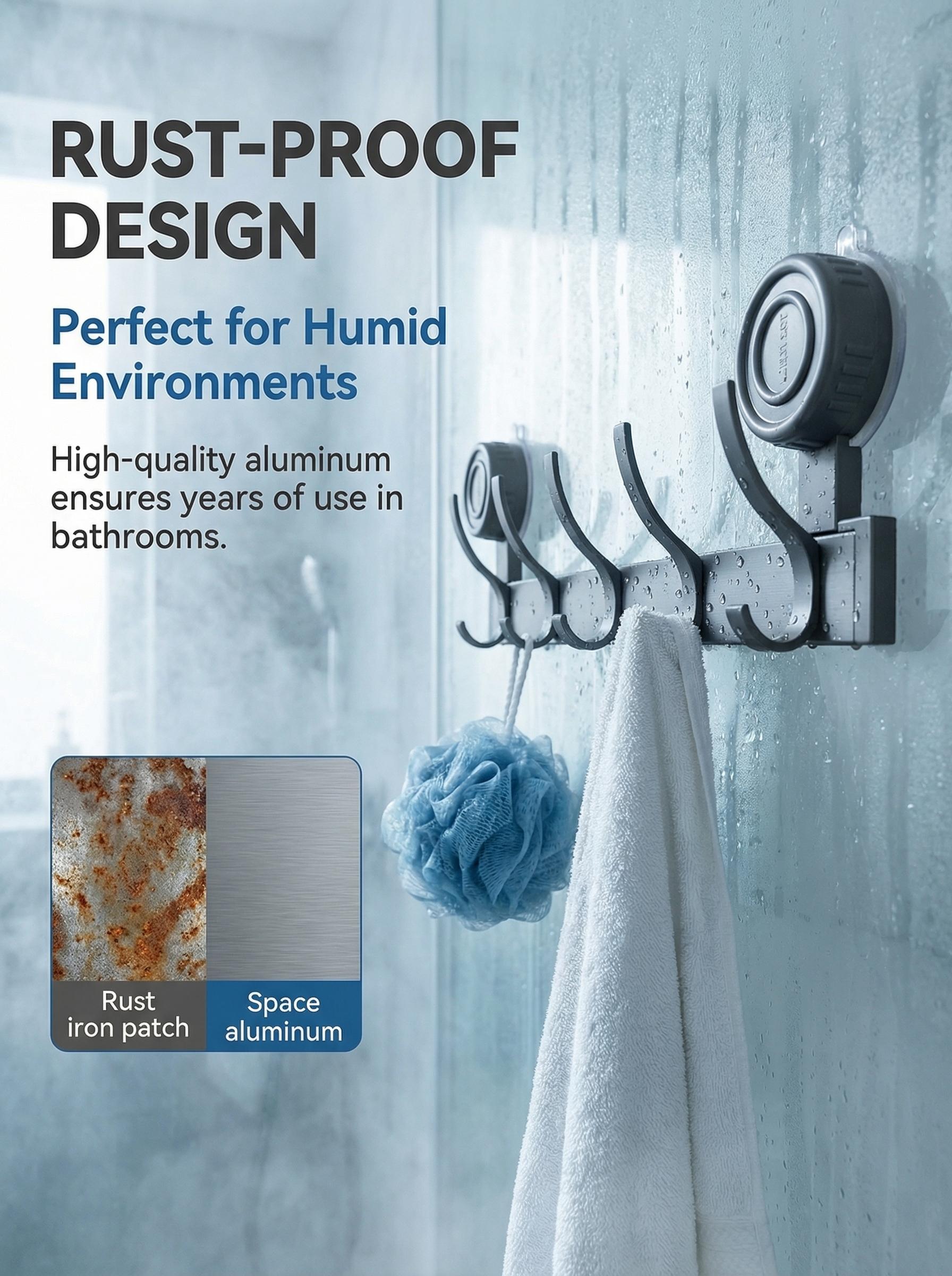 No Drill Succo Hook Rack, Heavy Duty Vacuum Suction Cup Towel Hooks for Bathroom, Wall Mounted Space Aluminum Hanger with 6 Hooks, Waterproof & Reusable, No Damage for Shower, Kitchen, RV, Renters, Hold Towels, Utensils, Robes, No Holes, Easy Install
