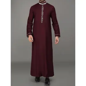 Retro Men's Clothing [Elegant Burgundy Kaftan] Burgundy Embroidered Kaftan - Men's Elegant Long Sleeve, Polyester Blend, Fish Scale Pattern, Stand Collar, Perfect for Ramadan and Eid al-Fitr Celebrations, Muslim Clothes