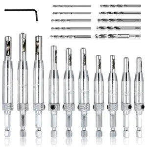 21 count Center Drill Bit Set,  Self Centering Hinge Tapper Core Hole Puncher 5/64'' 7/64'' 9/64'' 11/64'' 13/64'' 5mm 1/4'' & 1 count Hex Key & 10 count Replacement Drill Bits