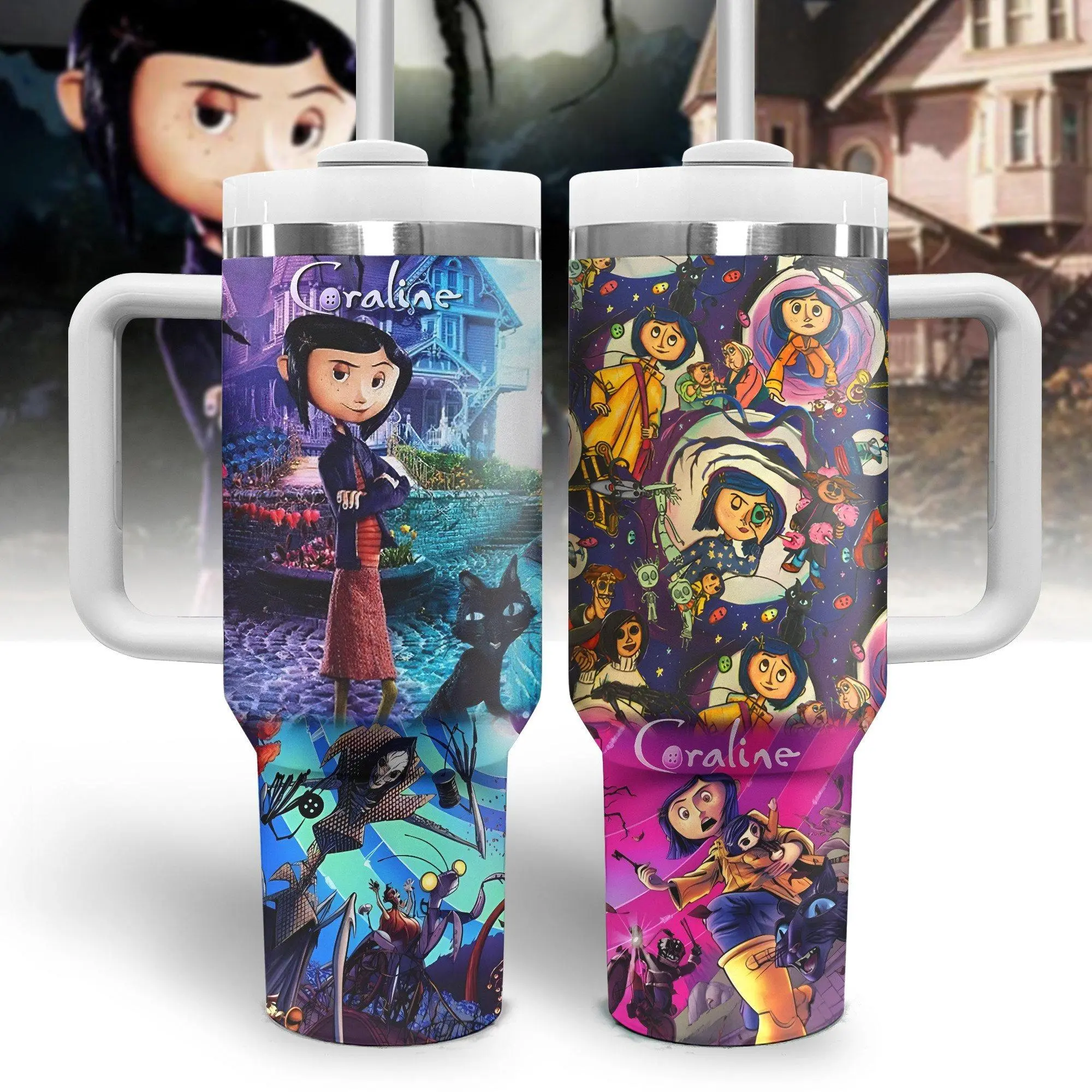 Coraline 20oz - 40oz Tumbler Stainless Steel with Straw, Double Wall Insulated, With Handle – Epic Cartoon Movies Series Design, Perfect Gift for Fans