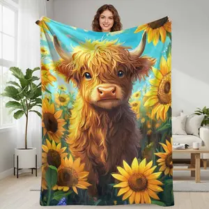Highland Cow Flannel Blanket Sunflower Field Print Cozy Soft Warm Decorative Throw Blanket for Bed Sofa Living Room Office Gift Home Decor summerwins