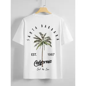 Men's Letter & Tropical Tree Print Drop Shoulder Tee, Regular Fit Fashion Graphic Crew Neck T-Shirt, Men Clothes for Summer