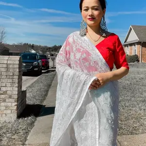 White Georgette Saree with Red Blouse