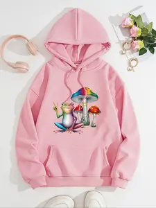 Women's Mushroom Frog Print Hooded Long Sleeve Sweatshirt, Casual Loose-Fitting Pullover for Fall & Winter