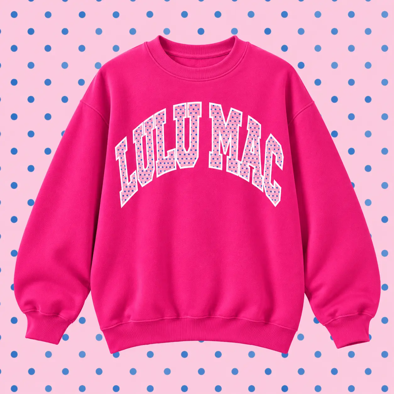 Lulu Mac Unisex Oversized Crewneck Sweatshirt, Pink Polka Dot Graphic Pullover, Casual Long Sleeve Streetwear Sweater for Men and Women, Cozy Fall Winter Outfit