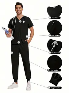Men Scrubs Suit Dentist Nurse Uniforms V Neck Short Sleeve Scrubs Tops Medical Jogger Pants Nursing Workwear Doctor Scrubs Uniform