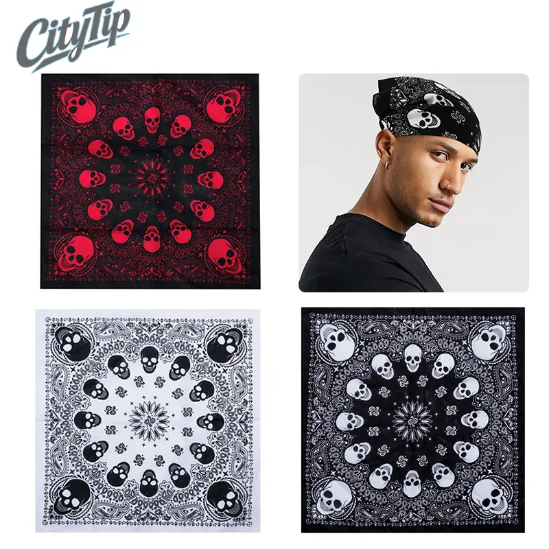 3Pcs Men's Retro Skull Paisley Bandana Scarf, Stylish Gothic Punk Print Pocket Squares, Multi Use Cowboy Wraps Headwraps For Hip Hop Halloween Streetwear