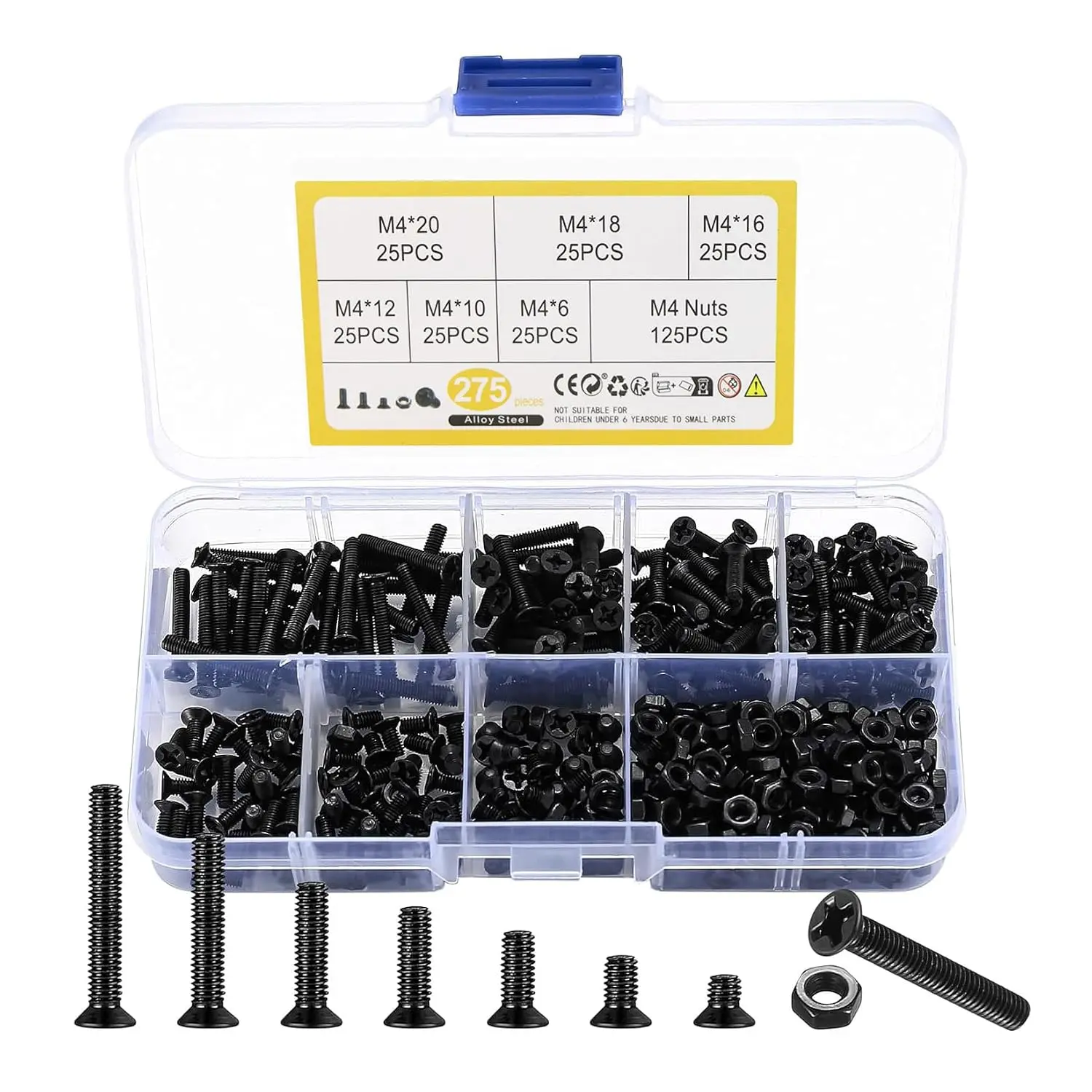 M4 Flat Head Machine Screws and Nuts Kit, 275 Pcs Black Countersunk Head Phillips Screws Bolts Hex Nuts Assortment Kit - M4 x 6mm/ 10mm/ 12mm/ 16mm/ 18mm/ 20mm