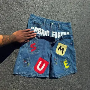 Hip-hop Gothic Rock Letter Patchwork Denim Shorts, Y2K Retro Personalized Fashion Fake Two-piece Summer Style