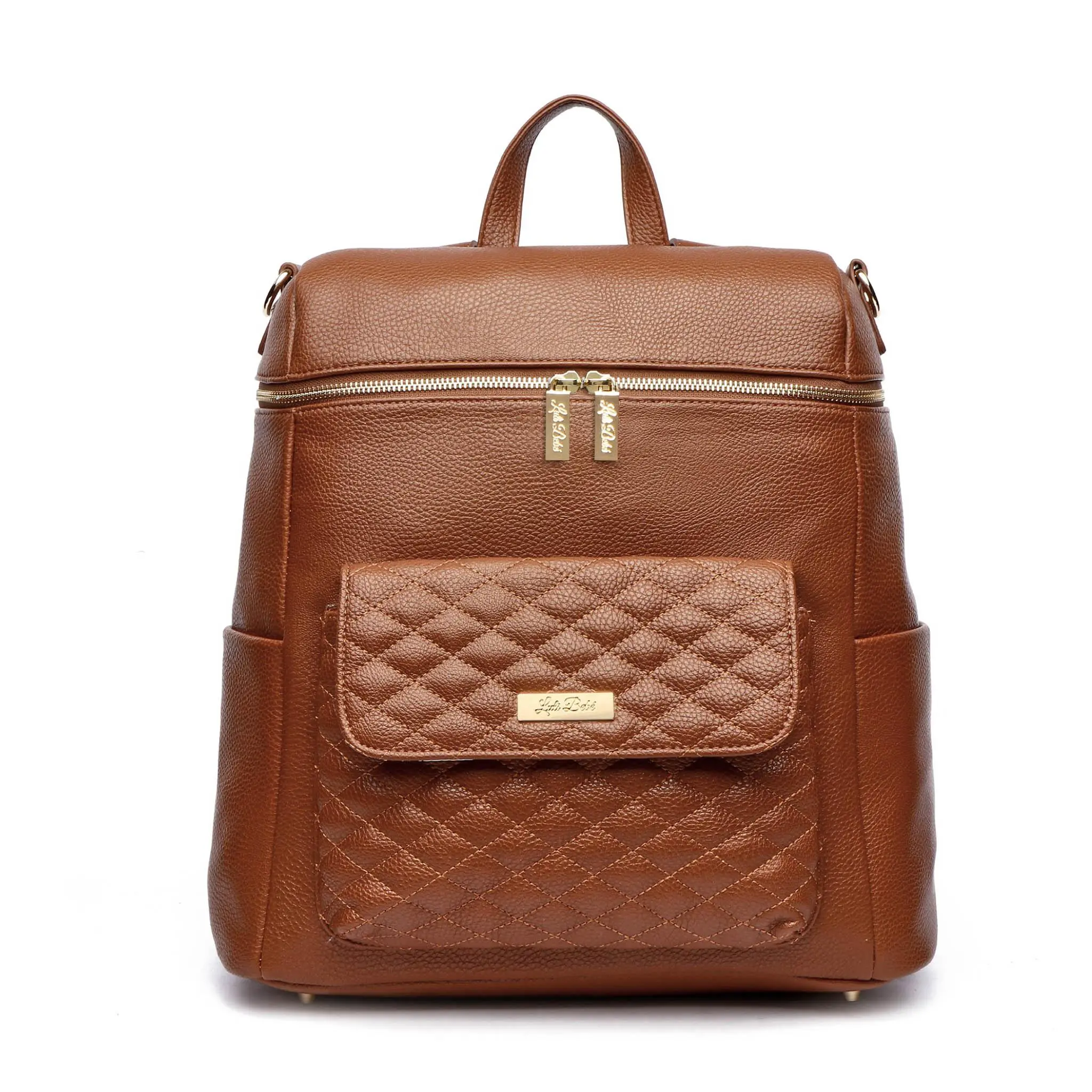 Designer Vegan Leather Diaper Bag in Caramel Brown, Multifunctional Backpack Tote for Parents, Lightweight for Travel with 9 Pockets & Changing Pad, Lightweight Diaper Handbag, Multifunctional Diaper Bag