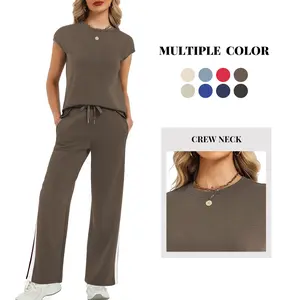 Lady's Casly Lamiit 2-Piece Soft Trouser Set - Summer Short-Sleeve Round Neck Top, Wide Leg Sweatpants - Lounge, Travel Tracksuit (Multiple Colors)