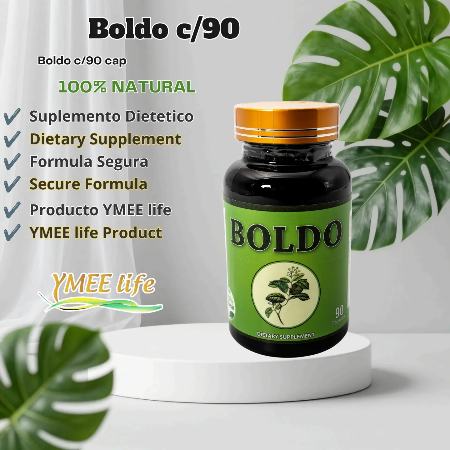 Natural Herbal Boldo Nutrient Supplement Capsules - 90 Count, California Prop 65 Safe, for General Health Support, Gut Support, Antibacterial Defense, Supplement Stack, Botanical
