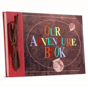 Scrapbook Photo Album,Our Adventure Scrap Book, Embossed Words Hard Cover Movie Up Travel Book for Anniversary, Wedding, Travelling, Baby Shower, etc (Leather Adventure Book)