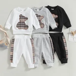 Infant Toddler Baby Boy Autumn Clothes Outfits Long Sleeve Plaid Bear Pattern Pullover Sweatshirt Tops Pants Set