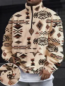 Men's Autumn Winter Fashion Lamb Wool Pullover Sweater, Half-Zip Ethnic Pattern Design, Soft Thick Fabric, Casual Fitted Style