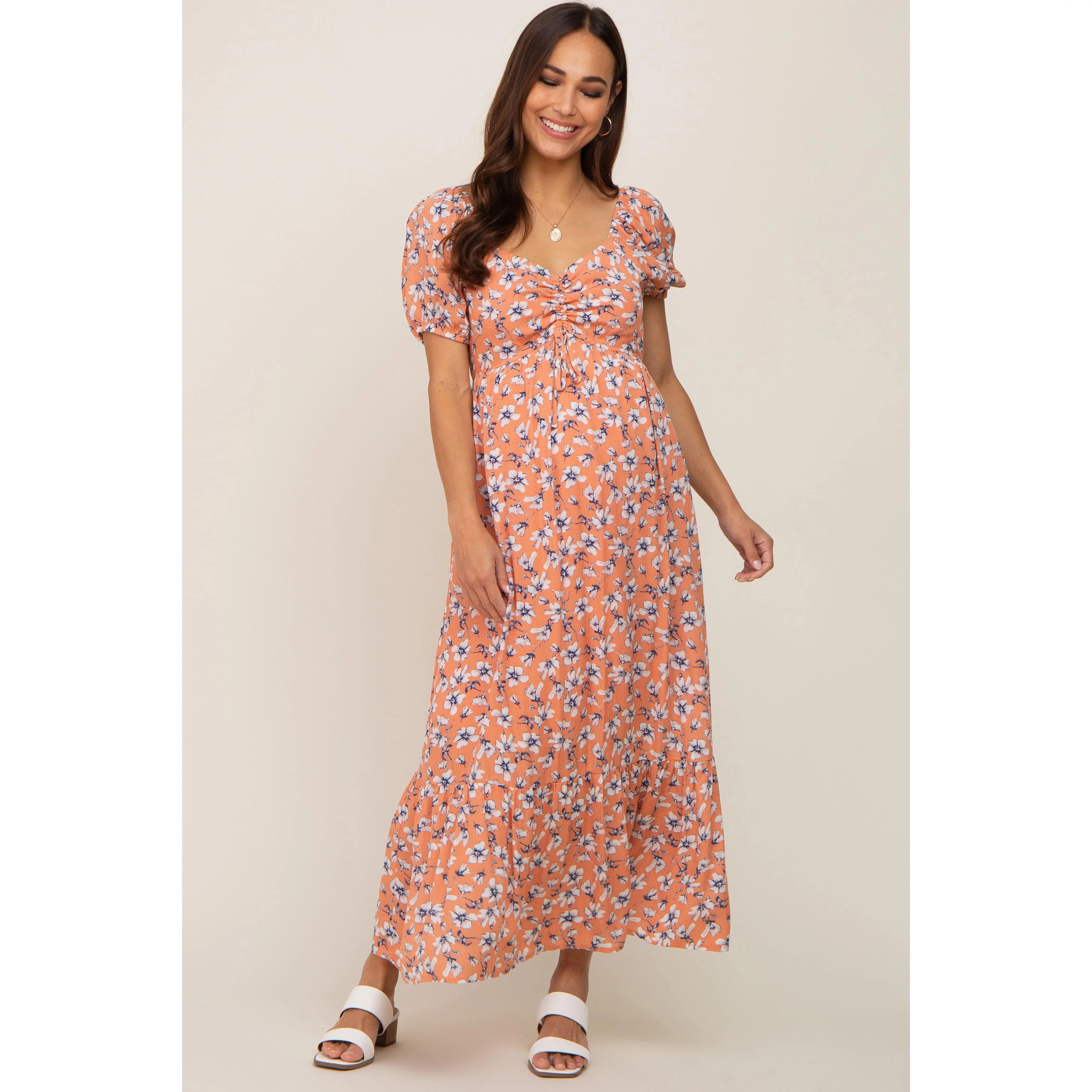 Coral Floral Sweetheart Drawstring Neck Short Sleeve Maternity Midi Dress