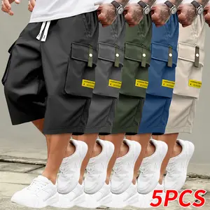 Set of 5 pieces: summer cargo pants featuring multiple pockets and letter appliqué design; minimalist and stylish, suitable for everyday wear and casual activities, including the gym. Summer cargo shorts and summer cargo pants.
