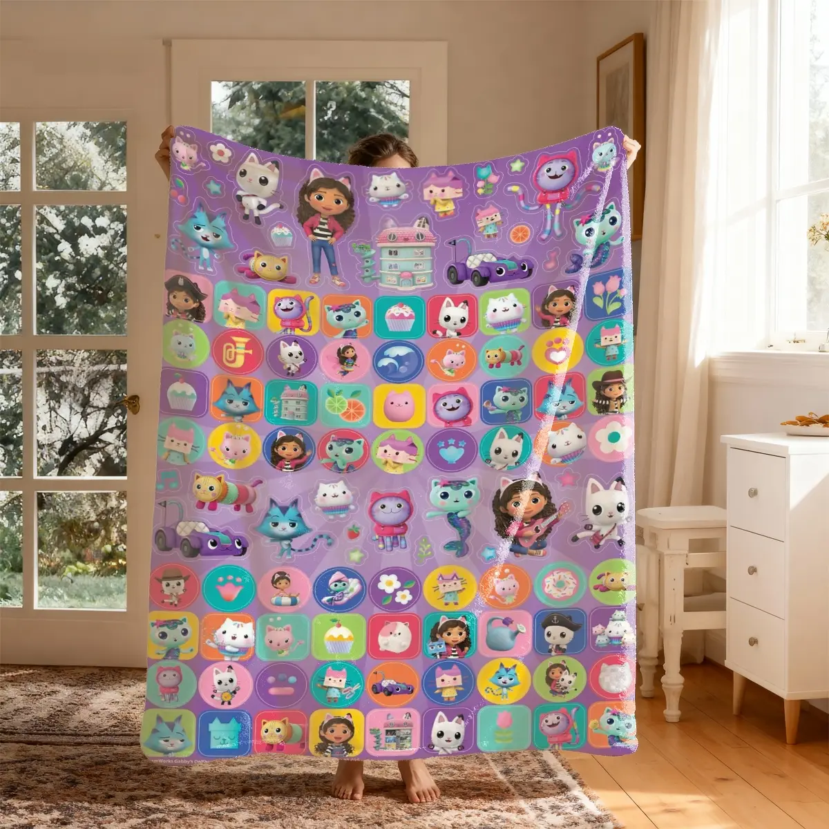 Gabi Dollhouse Cartoon Theme Flannel Blanket, Large Size, Soft Lightweight Warm, Perfect for Bed Sofa Office Camping Travel Christmas Gift, Blanket Gifts, Lightweight Cozy Blanket