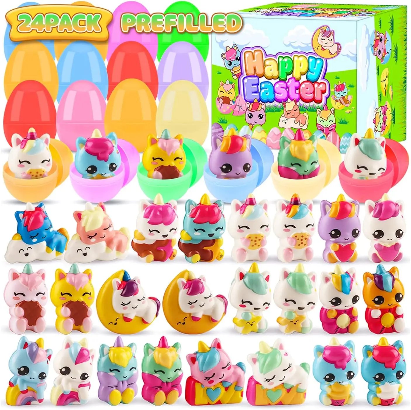 Summer Spring Gift 24PACK Prefilled Easter Eggs with Unicorn Squishy Toys, 2.75inch Easter Eggs Filled with Slow Rising Toys, Easter Gift for Kids Girls Boys, Prefilled Eggs for Easter Egg Hunt, Easter Prizes