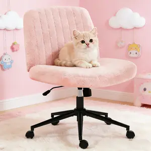 Teddy Fabric Armless Office Desk Chair - Criss Cross Base, 360-Degree Adjustable Swivel, Dual-Purpose Wide Seat with Wheels, Vanity Makeup Vanity Chair for Home Bedroom, Pink