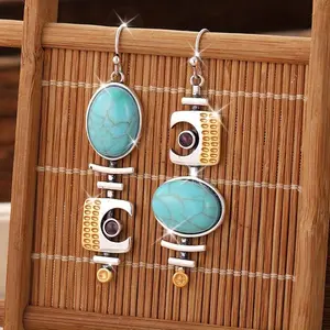 Women's Boho Vintage Turquoise Triangle Dangle Earrings - White Gold-Plated Copper, Marbled Greenish-Blue Stone, Lobster Clasp Bohemian Costume Jewelry, Gift-Ready, Marbled Stone