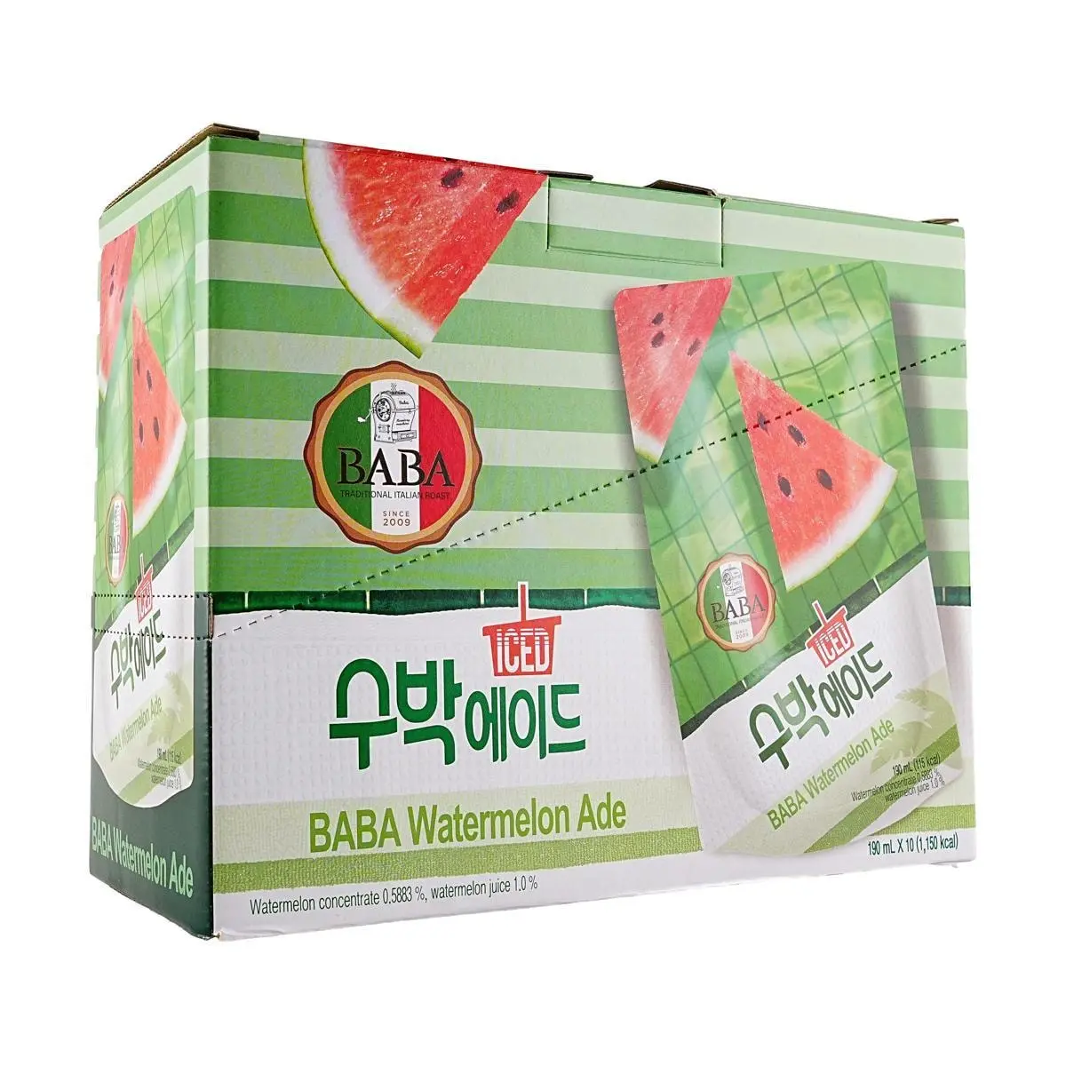 WOONGJIN BABA Korean Ice Watermelon Juice Drink, 190ml x 10 Packs, 0 Fat Low Calorie Refreshing Beverage