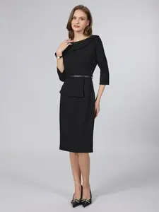 INSPIRE CHIC Women's 3/4 Sleeve Pencil Dress Lapel Boat Neck Office Work Knee Length Dresses with Belted