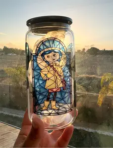 Mosaic Coraline Doll Glass Tumbler 16oz BPA Free Bamboo Lid & Plastic Straw Reusable Drinkware Sublimation Design Handwash Only