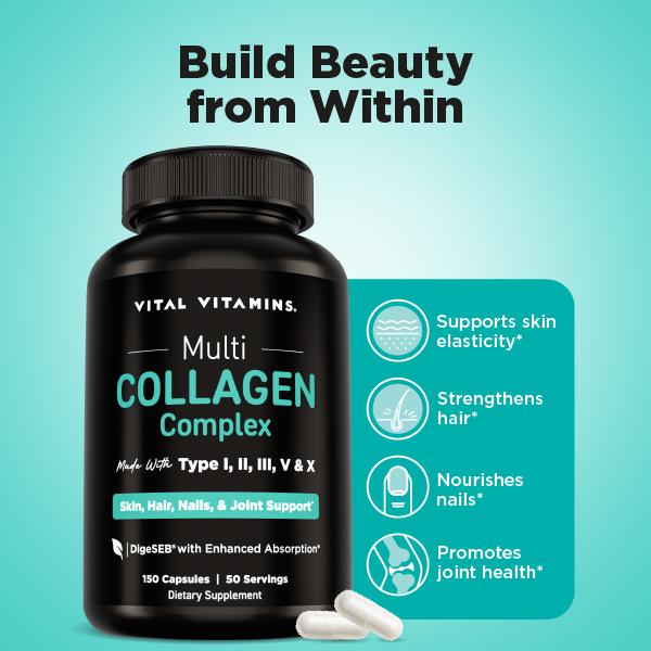 Multi Collagen Complex Dietary Supplement | 5 Types I, II, III, V, X | Grass-Fed Hydrolyzed Collagen Peptides for Healthy Hair, Skin, Nails, Joints & Gut Health | 150 Capsules