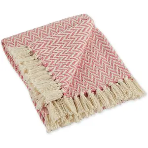 Modern Zig Zag Throw Blanket Woven , Hand-Knotted 2.5" Fringe, 50x60, Blush