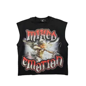 Oversized Rhinestone Angel Graphic Tank Top| Y2K Gothic Streetwear Sleeveless T-Shirt| Unisex Emotional Statement Summer Top for Edgy Men Women OOTD