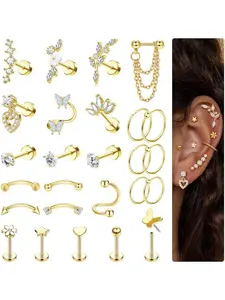 26Pcs Helix Piercing Jewellery Stainless Steel Tragus Earrings Set Flat Back Earrings Stud Ear Piercing Conch Helix Hoop Cartilage Earrings Gold Silver Rook Daith Tragus Piercing Jewellery
