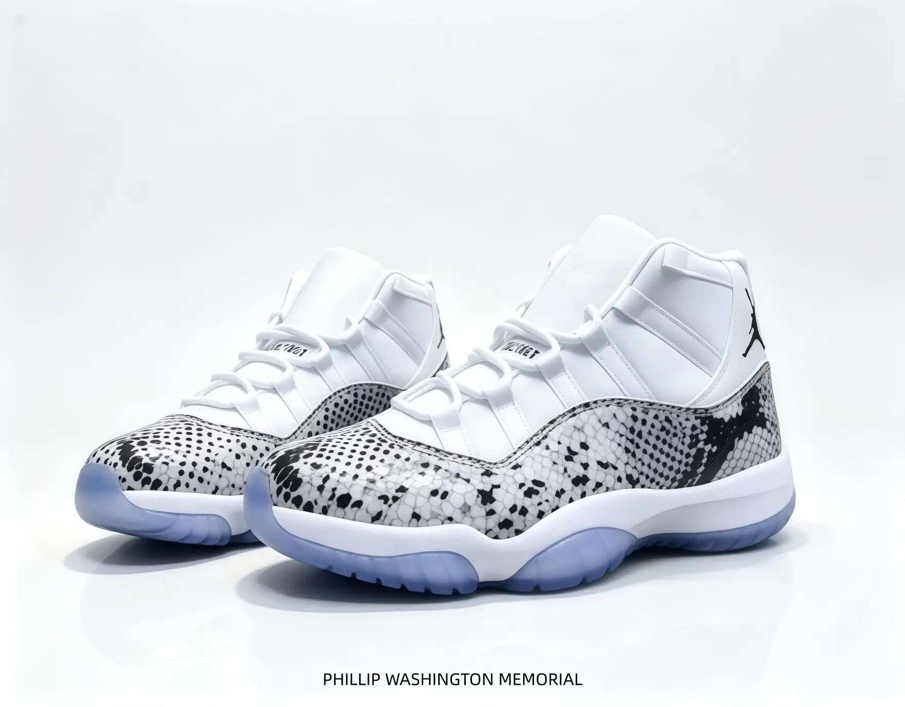 Unique snake pattern trendy high-top sneakers sleek white upper realistic grey snake grain overlay slim white midsole frosted translucent blue outsole versatile youth fashion footwear