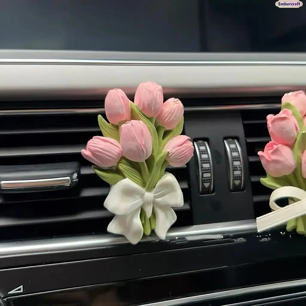 Women's Aesthetic Tulip Bowknot Floral Car Vent Clip Decor - Compact, Easy-to-Install Girly Accessory, Car Decor for Women, Accessories for Daily Driving & Auto Styling, Car Accessories