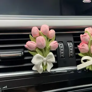 Aesthetic Tulip Car Vent Clip Decor, Cute Bowknot Floral Air Vent Accessory for Car Interior, Stylish Girly Dashboard Ornament for Daily Driving & Auto Styling