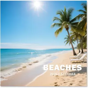 2026 12-Month Beach Theme Wall Calendar, 12" x 24" Opened, Thick Glossy Paper for Organizing Planning, Ideal for Home Office