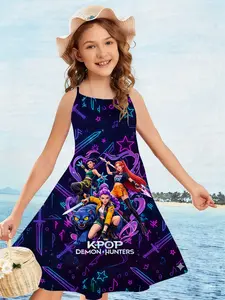 Girls Kpop Summer Strap Dress, Sword Note Element Sleeveless Top, Dark Cyberpunk 3D Creative Printed Clothing