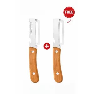 Buy 1 Get 1 Free 2-Pack Wooden-Handled Vegetable & Fruit Peeler - Stainless Steel Blade with Built-In Bottle Opener, Ergonomic Kitchen Tool
