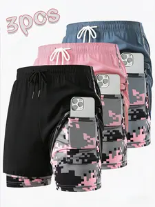 Men’s 3-Pack Quick-Dry Sports Shorts – Anti-Exposure Design, Black/Pink/Dark Gray Camouflage Pocket, Knee-Length Fitness Shorts