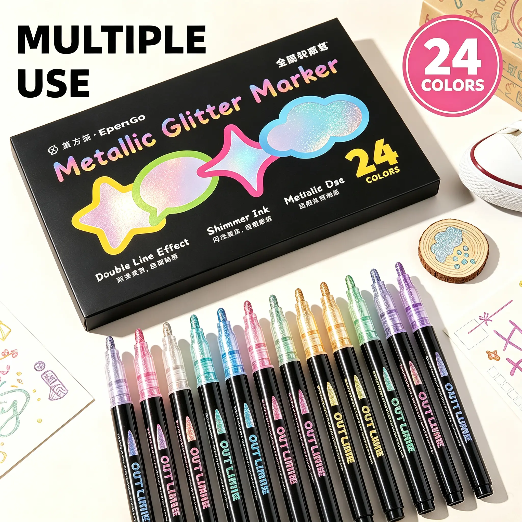 EpenGo 24 Self-Outline Metallic Markers, DIY Double-Line Shimmer Markers with Silver Glitter Effect, Office Stationery for Artists, Greeting Card Making & DIY Crafting