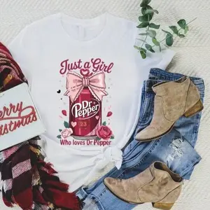 Just a Girl Who Loves Dr Pepper Shirt – Soda Lover Tee with Bow & Roses Graphic, Funny Beverage Gift for Women