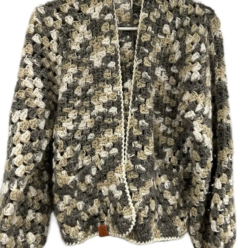 Beautiful warm granny bolero crocheted in a shaded green/beige color, size M with front pockets Knitwear Womenswear Cardigan Tops Comfort Long Sleeve Fitted