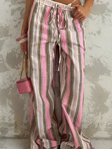 Women's Striped Comfortable Long Pants, Casual Wide Leg Beach Vacation Pants, Elegant Natural Style, Summer Beachwear for Women, Boho Casual Trousers, Bohemian Wide Leg