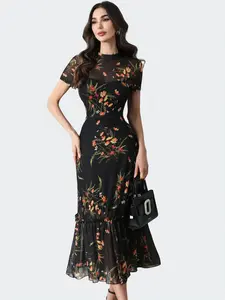 Women's Floral Print Tulle Dress, Elegant Chic Mock Neck Long Sleeve Ruffle Trim Dress for Party Holiday Wedding Guest, Ladies Crewneck Clothes for All Seasons, Formal Dresses Women, Womenswear, Classy Dresses, Style