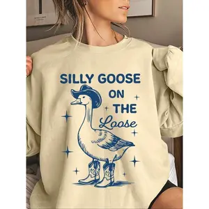 Women's Cartoon? Goose? Printed crew-neck sweatshirt, casual drop-shoulder long-sleeve pullover, women’s fall and winter clothing for everyday wear