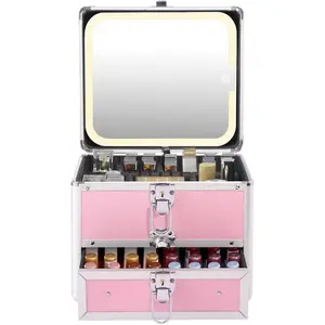 Makeup box with Drawer and lighted mirror travel train Case, cosmetic organizer with Dividers and led mirror (Pink)