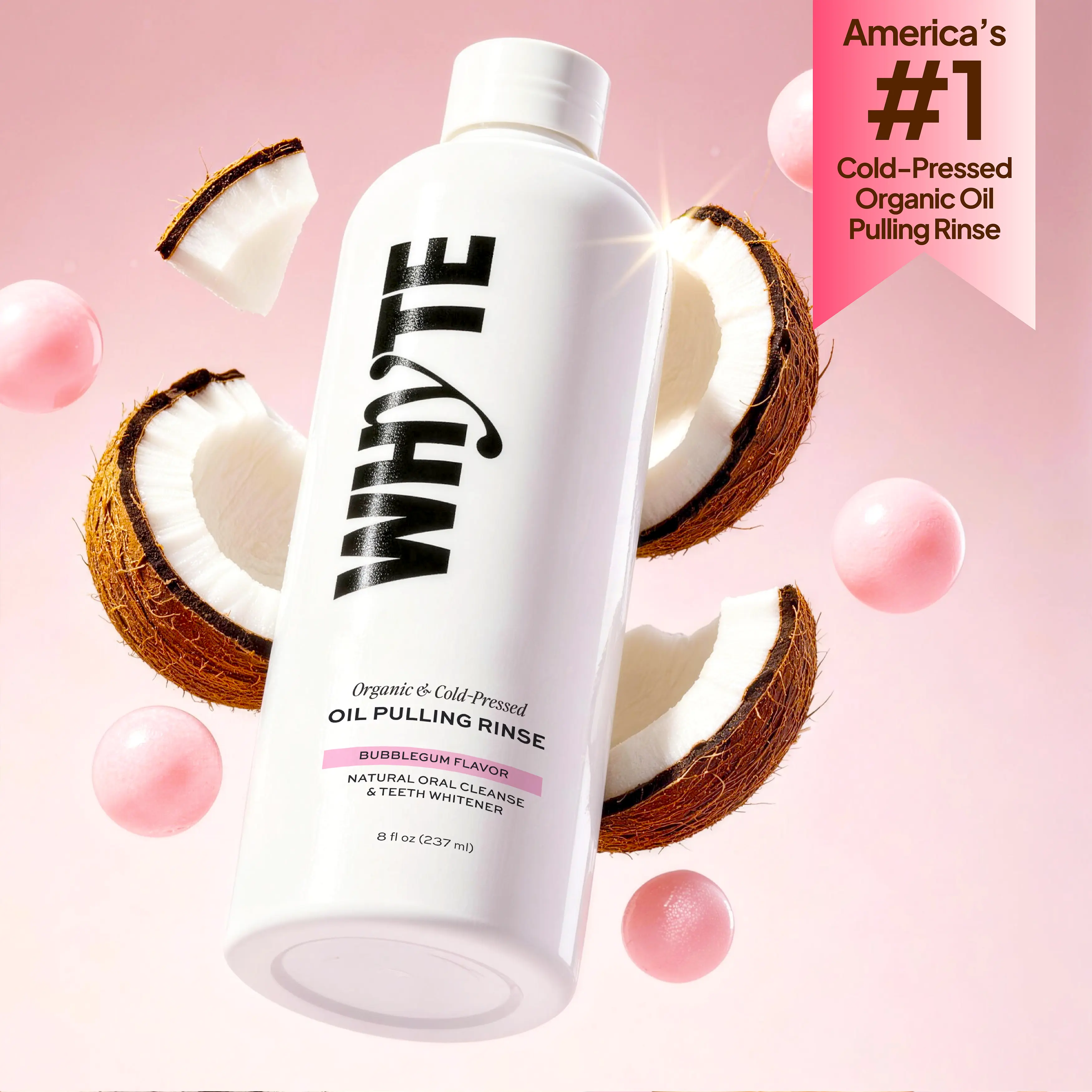 WHYTE Organic Oil Pulling Rinse Oral Care Product, Maximum Oral Detox Coconut Oil Mouthwash, 8 fl oz Single Item, Brightening Teeth, Fresh Breath, Alcohol & Fluoride-Free, Bubblegum Flavor