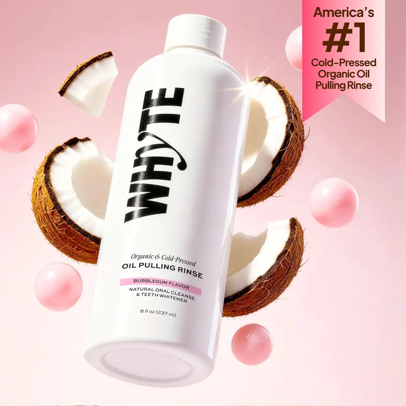 Whyte Organic Oil Pulling Mouthwash with ONLY 6 Clean Ingredients. Promotes Fresh Breath & Detoxes Mouth Naturally. Organic & Cold Pressed - Bubblegum