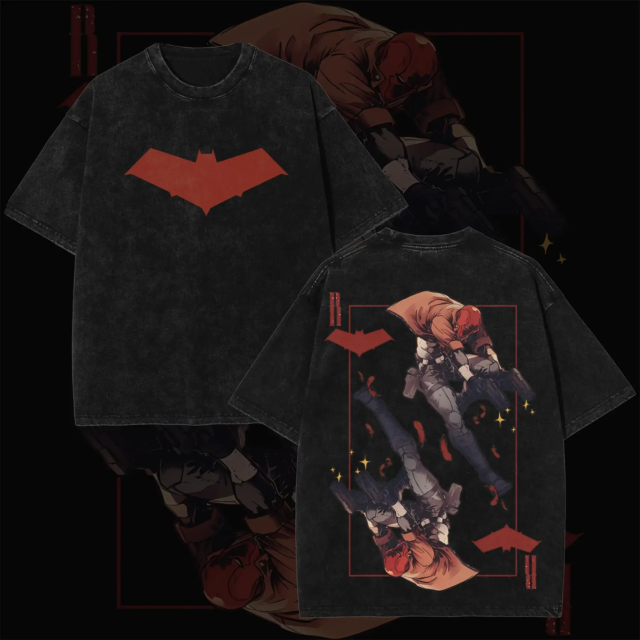 Menswear Oversized Cotton Short-Sleeve T-Shirt - Unisex Relaxed-Fit Seamless Retro Red Hood "Card Game Vigilante" Edition Double-Sided Vintage Washed Graphic Streetwear Top