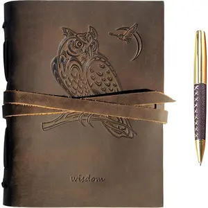 Leather Bound Journal for Men and Women,   Set with Owl Embossed Journal and Stylish Pen,  and Classic, Notebook, Sketchbook, Planner and Diary (300 Pages) (8x6)